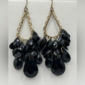 Black Teardrop Beaded Chandelier Earrings with Gold Tone Chain